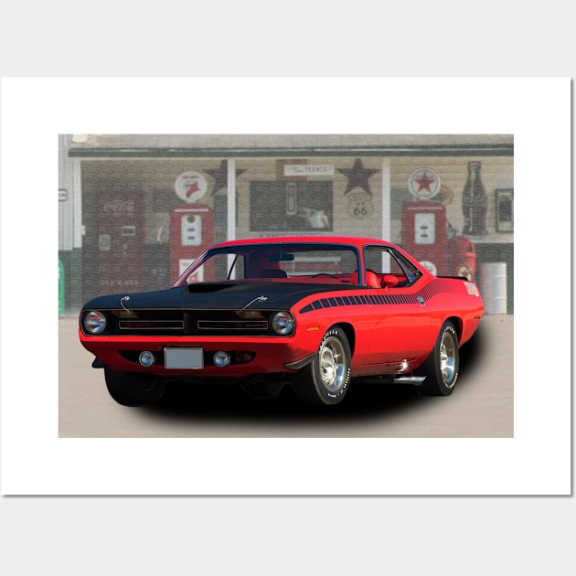 1970 AAR Cuda in our filling station series on back Wall Art by Permages LLC